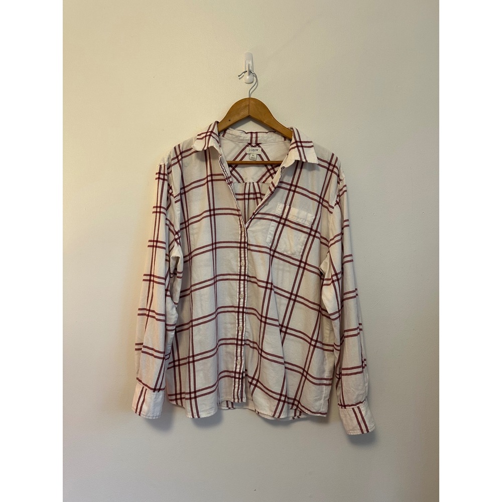 J. Crew White and Burgundy Windowpane Plaid Cotton Button Down Shirt | Size XL